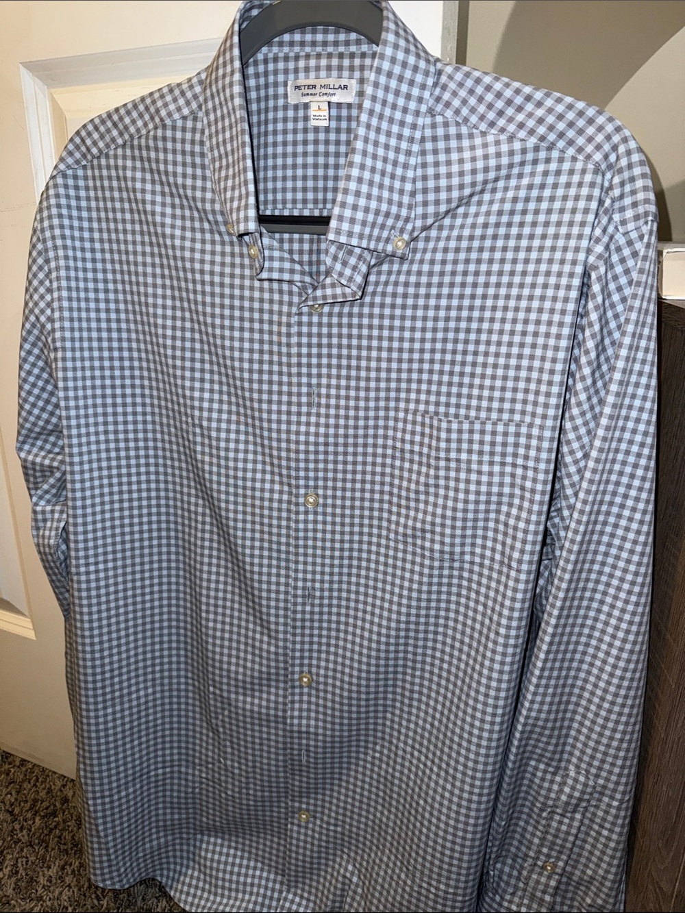 Peter Millar Summer Comfort Button Down - Large - Blue/Gray Checkered